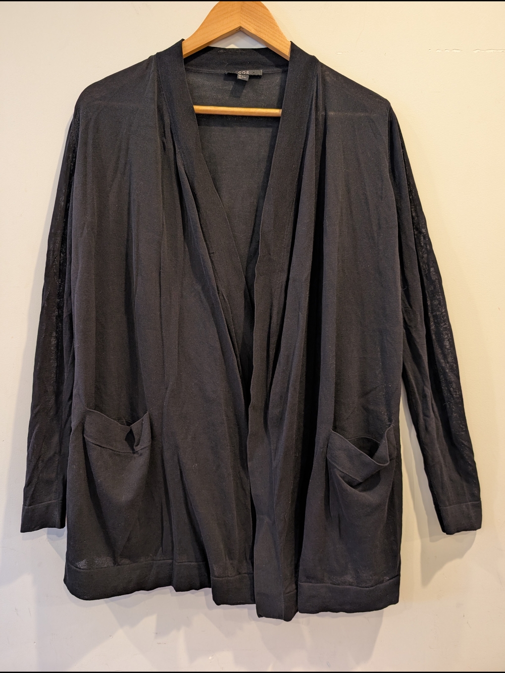 COS Women's Black Open-Front Knit Cardigan Sz S Sheer Pockets Lightweight Minima